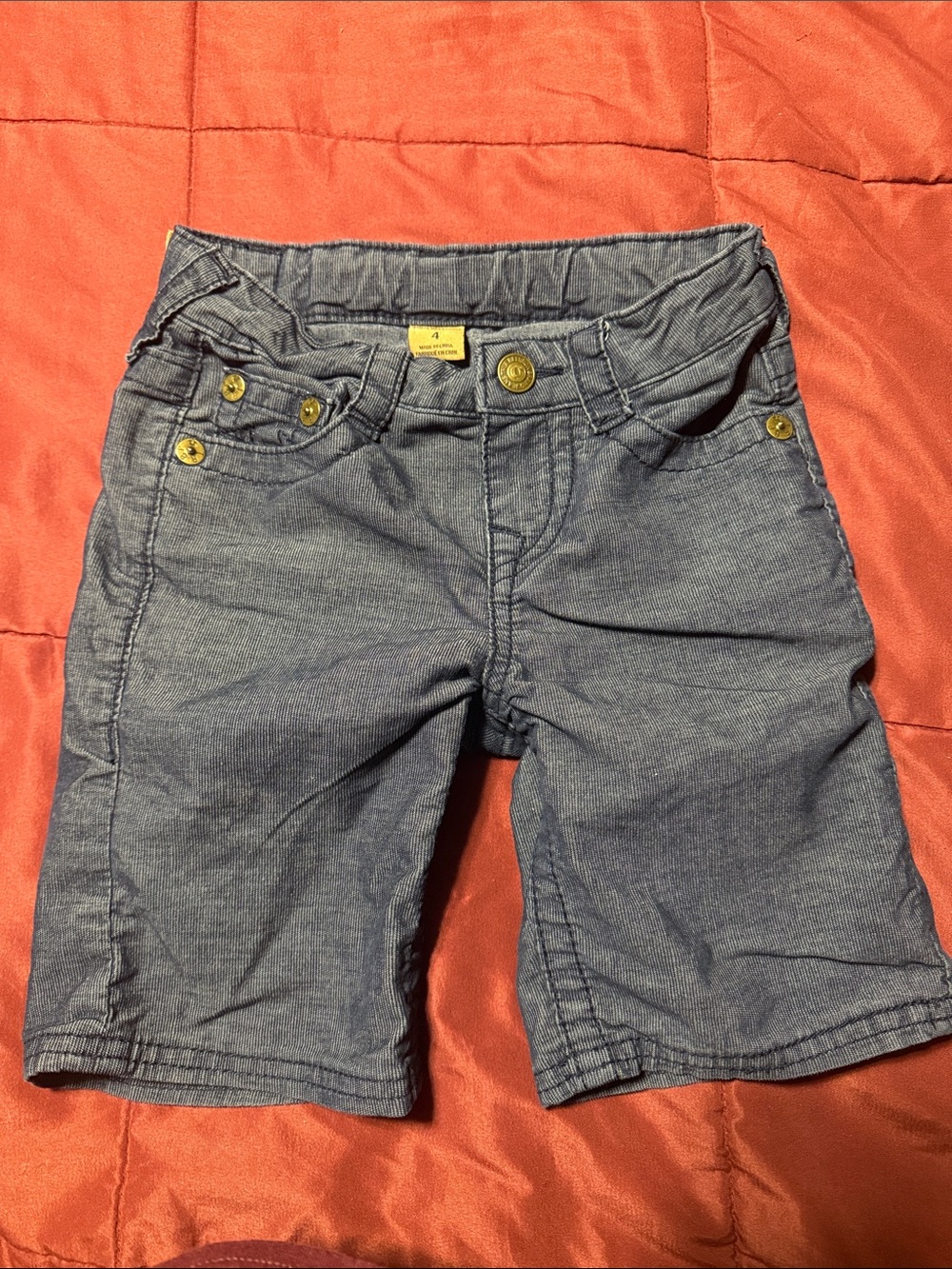 True Religion Kids Chambray-Style Blue Shorts with Brass Accents